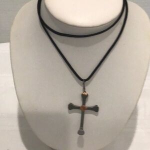Metal bronze accent cross pendant fabric chain necklace used